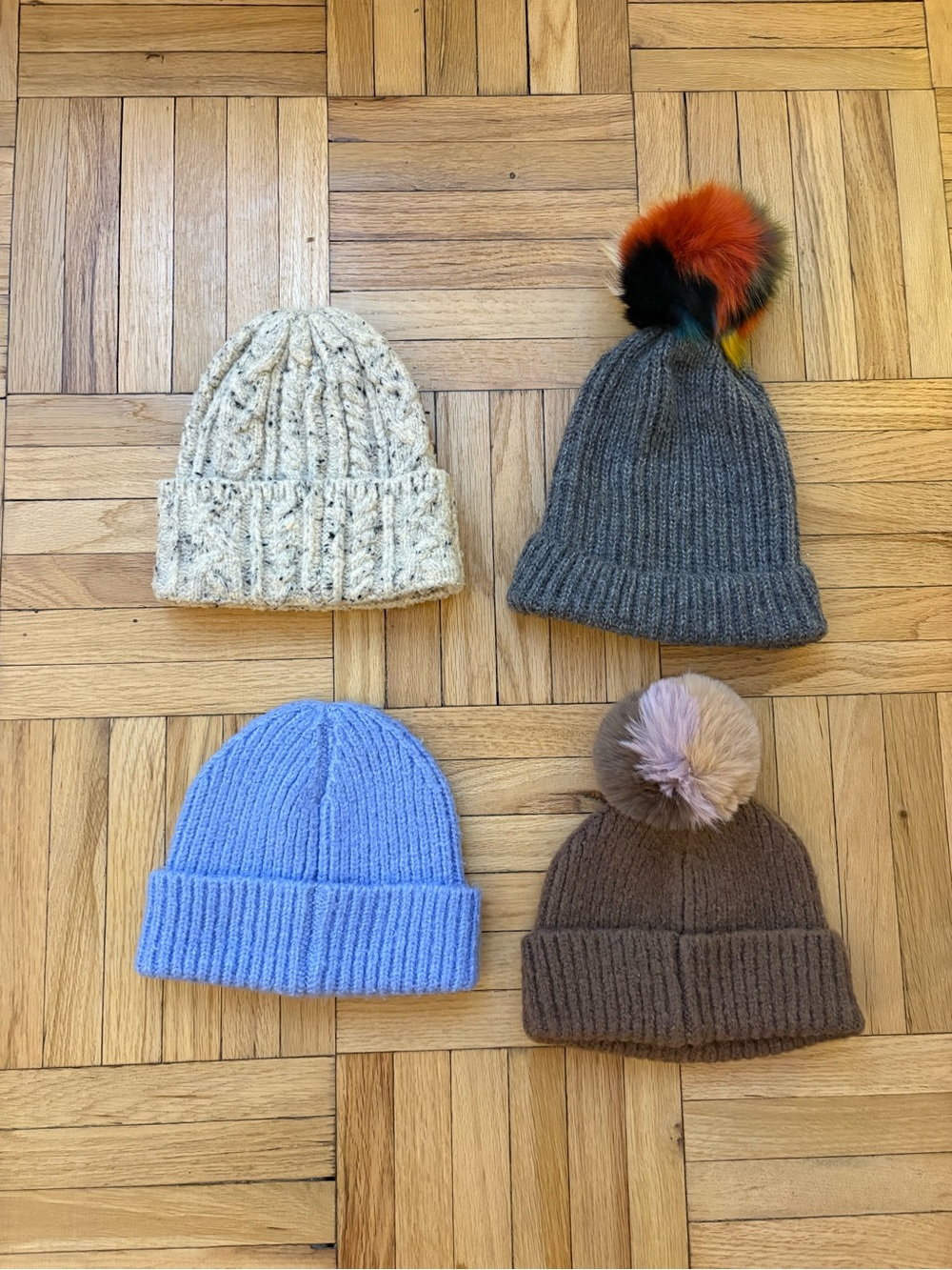 Women's Beanie Bundle 4 Beanies Cream Purple Brown Gray Cozy Ribber Kint Poms